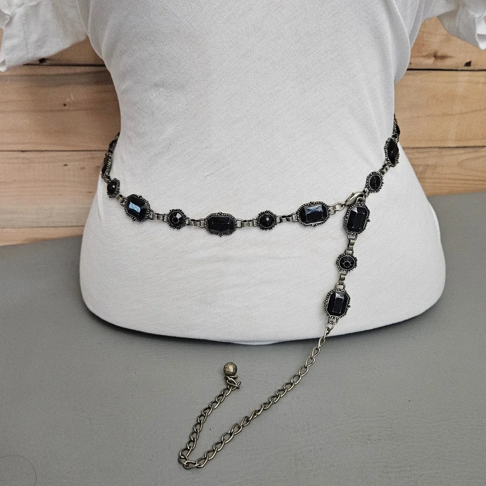 Vintage Style Black Stone Chain Belt Antiqued Silver Tone Adjustable Goth Boho